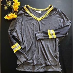 Natural Life gray yellow long sleeve crochet accent oversized dolman top